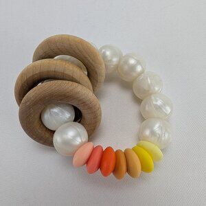 Bannor Toys Silicone Wood Teether Toy Eco Friendly Neutral Orange Yellow